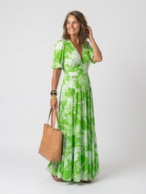 Ione | Kurzes Ärmels V-Ausschnitt Blumen Midi Kleid – Grün