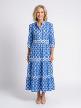Ysolde | Midi-Kleid mit 3/4-Ärmeln und Kettenmuster – Blau