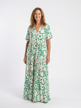 Zuleika | Kurzärmliges V-Ausschnitt Blumen-Midi-Kleid – Grün