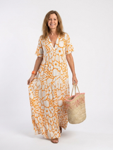 Zuleika | Kurzärmliges V-Ausschnitt Blumen-Midi-Kleid – Orange