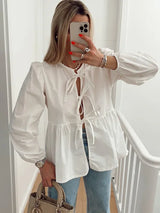 Schicke Bluse mit Puffärmeln und Krawattenfront für mühelosen Stil – Weiß