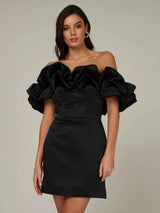 Elegantes Satinkleid mit Volant, Off-Shoulder Mini für Feste | Mirla – Schwarz