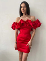Elegantes Satinkleid mit Volant, Off-Shoulder Mini für Feste | Mirla – Rot