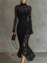 Merla™ - Elegante schwarze Stretchspitzen-Fishtail-Maxikleid – Schwarz