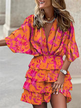 Luftiges Sommerkleid Damen V-Ausschnitt Rüschen Gürtel Midi – Orange