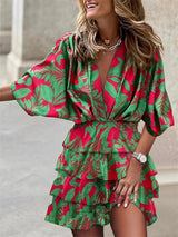 Luftiges Sommerkleid Damen V-Ausschnitt Rüschen Gürtel Midi – Grün