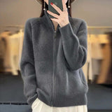 Elegante Strickjacke mit hohem Kragen – Grau