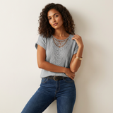 Elegante Spitzenbluse mit Rundhalsausschnitt und kurzen Ärmeln – Isabella – Grau