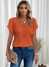 Elegante Spitzenbluse mit Rundhalsausschnitt und kurzen Ärmeln – Isabella – Orange