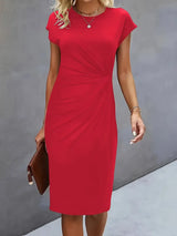 Einfarbiges Midi-Kleid mit Rundhalsausschnitt für Frauen | Ideal für Arbeit oder Veranstaltungen – Rot