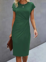 Einfarbiges Midi-Kleid mit Rundhalsausschnitt für Frauen | Ideal für Arbeit oder Veranstaltungen – Dunkelgrün