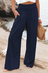 Linda - Damen Palazzo-Hosen mit weitem Bein aus Leinen, Hoher Taille – Blau