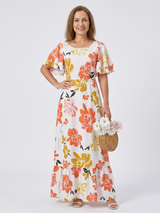 Elowen | Rundhals Kurzarm Schichten Maxikleid – Orange