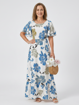 Elowen | Rundhals Kurzarm Schichten Maxikleid – Himmelblau
