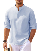 William | Nadelstreifen-Henley-Hemd mit Stehkragen und Knopfleiste – Blau