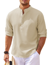 William | Nadelstreifen-Henley-Hemd mit Stehkragen und Knopfleiste – Khaki