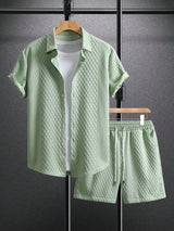 Modernes Herren-Set mit 3D-Waffelstruktur | Hemd & Shorts – Limonengrün