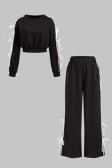 Leonie | Sportliches Zweiteiler-Set mit Schleifen-Details – Schwarz