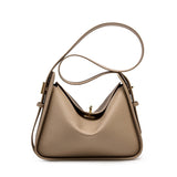 Aria | Elegante Damenhandtasche aus echtem Leder mit Drehverschluss, Top-Handle & Gold-Details – Strukturierte Schultertasche – Grau