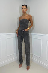 Eleganter Trägerloser Jumpsuit Damen Festlich aus Glänzendem Stretch-Stoff mit Glitzerdetails für Besondere Anlässe – Grau