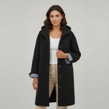Damen Mantel | lange Form mit Kapuze und klarer Linienführung – Schwarz