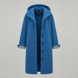 Damen Mantel | lange Form mit Kapuze und klarer Linienführung – Blau