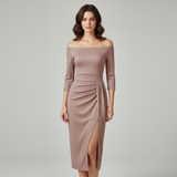 Damen Kleid | mittellange Form mit schulterfreiem Oberteil – Champagner