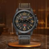 Elegante Herren Quarzuhr Mit Chronograph, Lederarmband, 3ATM Wasserdicht, Schockresistent – Schwarz Beige