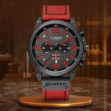 Elegante Herren Quarzuhr Mit Chronograph, Lederarmband, 3ATM Wasserdicht, Schockresistent – Schwarz Rot