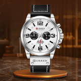 Elegante Herren Quarzuhr Mit Chronograph, Lederarmband, 3ATM Wasserdicht, Schockresistent – Silber Schwarz