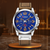 Elegante Herren Quarzuhr Mit Chronograph, Lederarmband, 3ATM Wasserdicht, Schockresistent – Silberblau