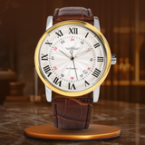 Fadenburg Luxus Leder Vollautomatische Uhr mit Kalenderfunktion - Elegantes Design für Den Herren – Gold Weiß