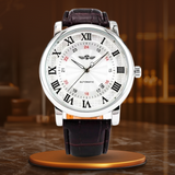 Fadenburg Luxus Leder Vollautomatische Uhr mit Kalenderfunktion - Elegantes Design für Den Herren – Silber Weiß