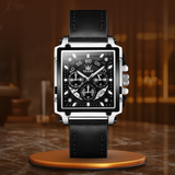 Fadenburg Quadratische Chronograph Uhr Mit Lederarmband, 3ATM Wasserdicht, Präzises Quarzwerk – Silber Schwarz
