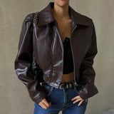Colleen Vintage kurze Kunstlederjacke – Dunkelbraun