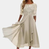 Naida – Elegantes Midikleid aus Spitze und Chiffon – Beige