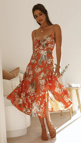 Flora | Romantisches Midikleid mit Blumendruck – Orange