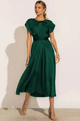 Damen Kurzarm Wickel Midi Hochzeitsgast Kleid – Grün