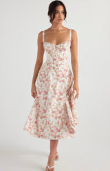 Elegantes Damen Sommerkleid – A-Linie, Midi, Schlitz – Weiß/Rosa