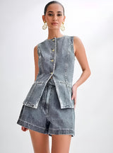 Dunkelblaues Damen-Jeanshemd – Langarm Button-Up Bluse – RETRO GRAU