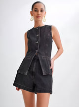 Dunkelblaues Damen-Jeanshemd – Langarm Button-Up Bluse – SCHWARZ
