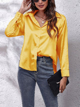 Elegante Bluse Damen Satinoptik Langarm – Gelb