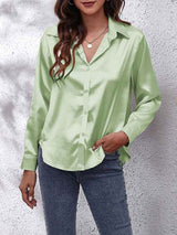 Elegante Bluse Damen Satinoptik Langarm – Hellgrün