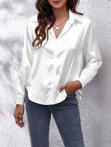 Elegante Bluse Damen Satinoptik Langarm – Weiß