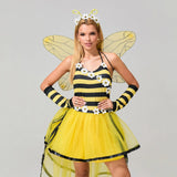 Damen Bienen-Halloween-Kostümkleid | Gestreiftes Oberteil & Lagenrock – Gelb