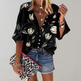 Fedressa – Vielseitige Bluse mit Blumenmuster – Schwarz