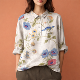 Blumenmuster Bluse mit langen Ärmeln und Kragen für Damen | Viona – gebrochenes Weiß