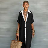 Johanna | Damen Maxikleid Leinenmischung Kurzarm – Leinen Maxi Kleid Sommer 2026 – Schwarz