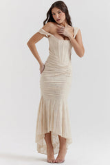 Gerafftes Schulterfreies Kleid - Linda – Beige