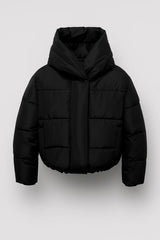 Damenjacke | Kurze gesteppte Jacke mit Kapuze und elastischem Saum – Schwarz